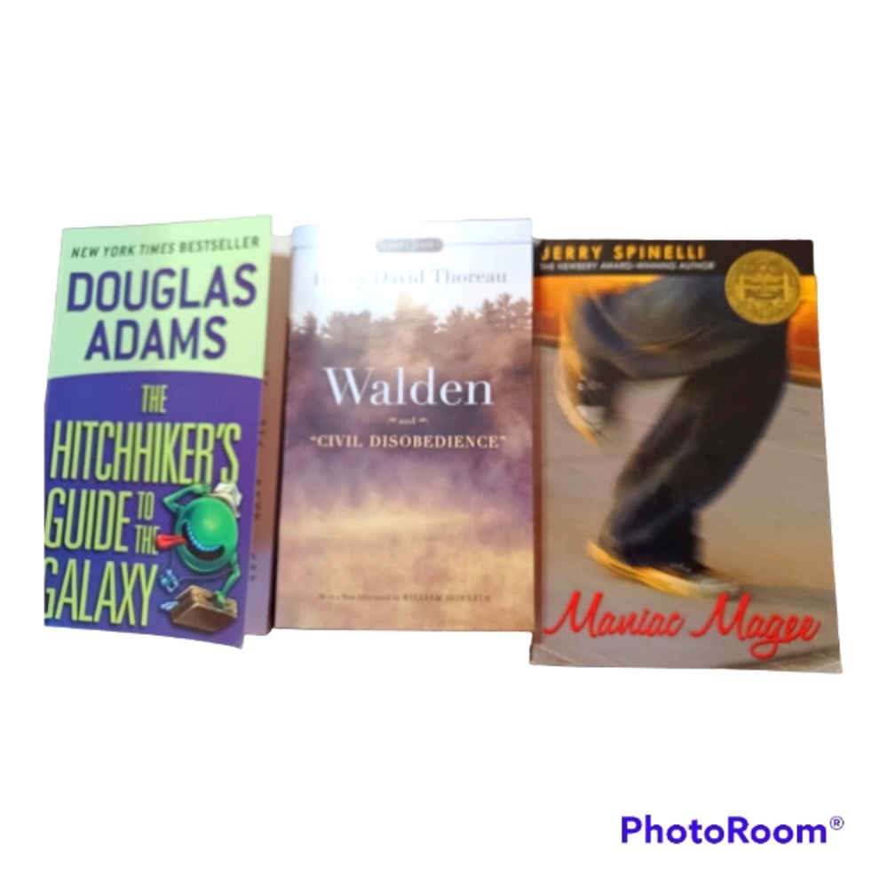 3 books,Walden&Civil Disobedience, Hitchhiker's Guide to the Galaxy,Maniac Magee